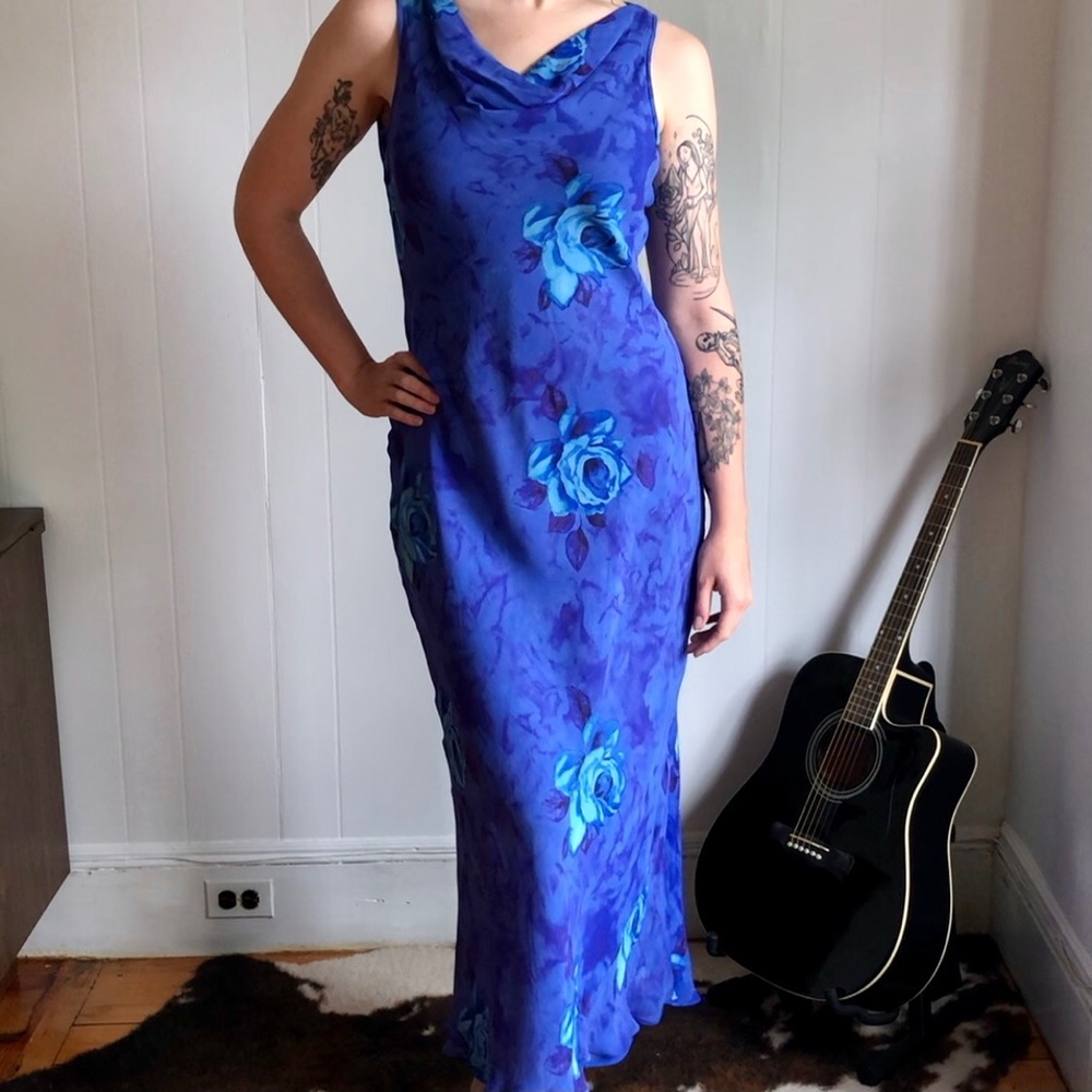 Vintage 90s 100% Silk Floral Midi Dress